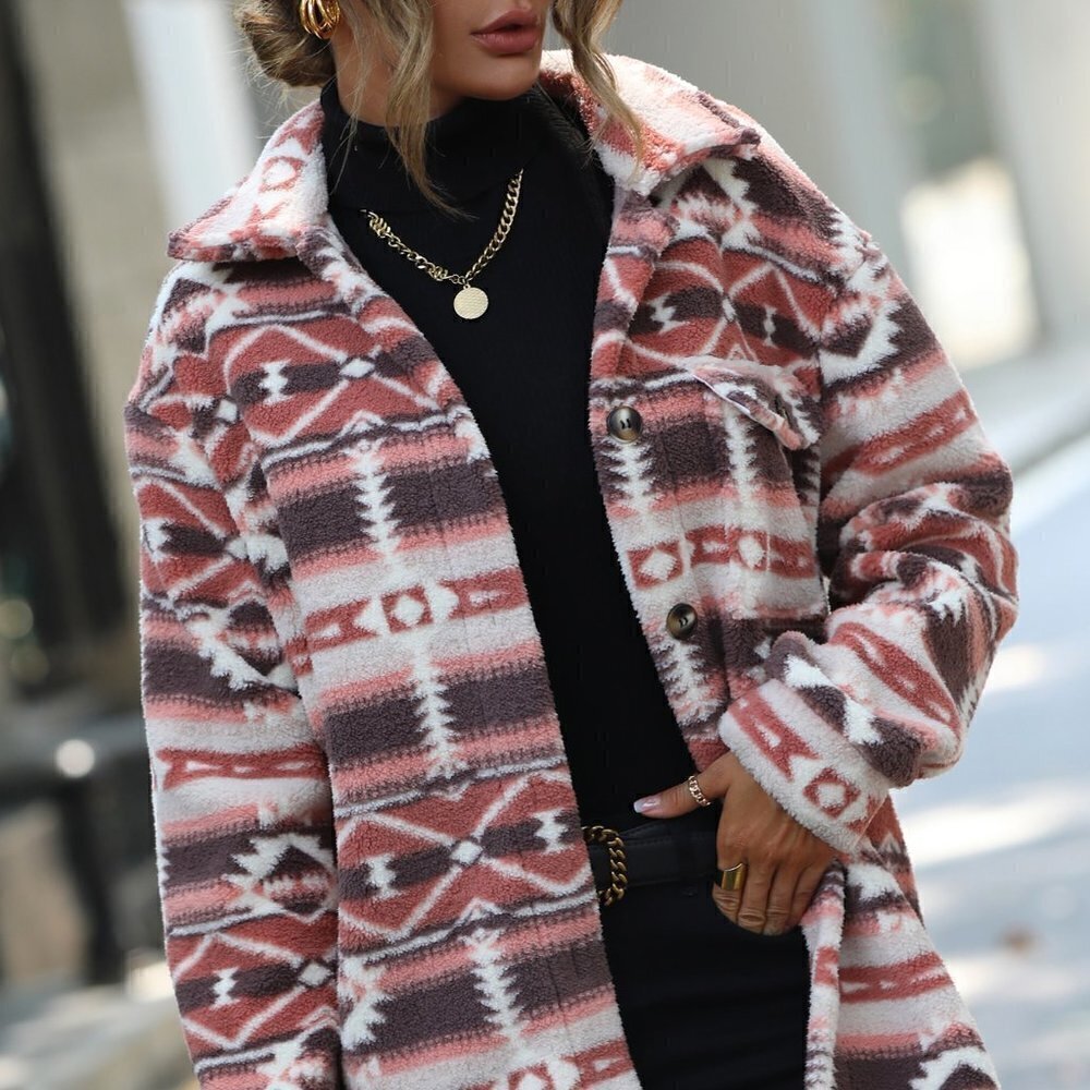Multicolor Casual Womens Geo Pattern Flap Pocket Flannel Coat